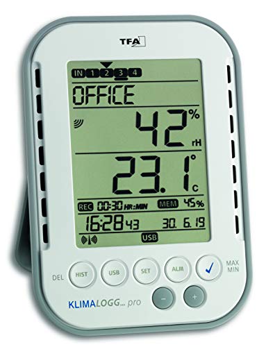 TFA Dostmann Klimalogg Pro Profi-Thermo-Hygrometer, 30.3039, mit Datenlogger-Funktion, Alarm-Funktion, Max.-Min.-Werte, professionelle Raumklimaüberwachung, Weiß, L 98 x B 25 (77) x H 137 mm